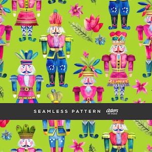 May include: Seamless pattern featuring colorful watercolor nutcrackers in pink, blue, and green, with floral accents on a bright green background. The text "SEAMLESS PATTERN" is displayed at the bottom.