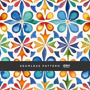 Seamless Mexican Tile Pattern Digital Paper, Vibrant Watercolor Talavera Print, Commercial Use Surface Design Repeat Background