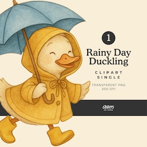Rainy Day Duckling Clipart Single PNG, Cute Baby Duck in Raincoat with Umbrella Clipart, Nursery Art Animal Illustration 300 DPI Digital PNG