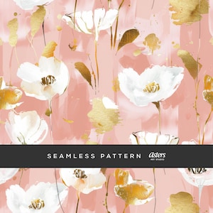 Puede incluir: Un patrón sin costuras con flores blancas con detalles dorados sobre un fondo rosa. El patrón se titula "Seamless Pattern" e incluye el texto "asters art studio".