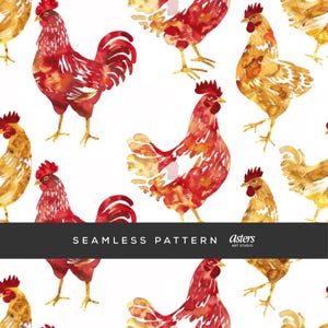 Padrão de galinha sem costura, vermelho e dourado, galo, fazenda, padrão sem costura, padrão de galinha cottagecore, animal de fazenda, papel digital, fundo de galinha