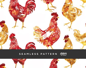 Chicken Seamless Pattern Red and Gold Rooster Farm Seamless Pattern Cottagecore Chicken Pattern Farm Animal Digital Paper Chicken Background
