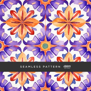 May include: Seamless watercolor pattern featuring repeating floral designs in orange, red, purple, and blue on a white background. The design includes the text "SEAMLESS PATTERN" and "Asters ART STUDIO".