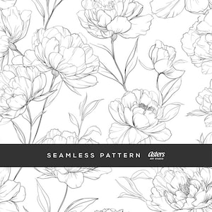Black and White Peony Line Art Seamless Pattern Floral Blossom Digital Paper Minimalist Flowers Background Coloring Page Design