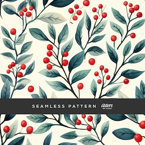 Christmas Holly and Berries Seamless Pattern, Christmas Digital Paper, Christmas Digital Background, Christmas Paper Digital, Winter Berries