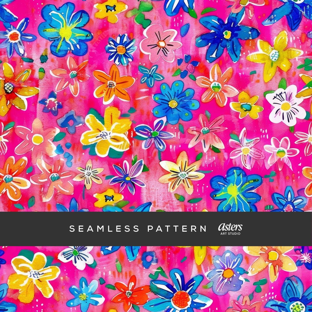 Hot Pink Ditsy Floral Seamless Pattern, Bold Watercolor Digital Paper ...