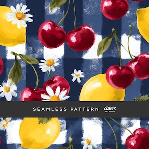 May include: Seamless pattern featuring watercolor illustrations of cherries, lemons, and daisies on a navy blue and white checkered background. The text "SEAMLESS PATTERN" is displayed across the image.