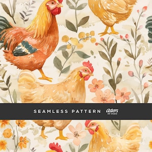 Hühner Bauernhaus Cottagecore Aquarell Huhn Blumenmuster Digital Download Hahn-Muster für Stoffdruck & Sublimation