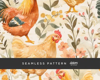 Chickens Farmhouse Cottagecore Watercolor Chicken Floral Seamless Pattern Digital Download Rooster Pattern for Fabric Printing & Sublimation