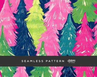 May include: Seamless pattern featuring a vibrant arrangement of stylized Christmas trees. The trees are painted in shades of pink, green, blue, and yellow, creating a colorful and festive design. The words "SEAMLESS PATTERN" are displayed in white text.