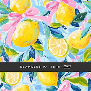 May include: A seamless pattern featuring lemons and pink bows on a blue background. The lemons are painted in a bright yellow with a textured brushstroke effect. The bows are a bright pink and are tied around the lemons. The background is a light blue with a watercolour effect.
