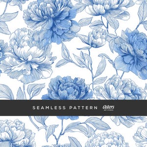 Könnte beinhalten: Nahtloses Muster mit detaillierten blauen Pfingstrosen und Blättern auf weißem Hintergrund. Das Design umfasst Blüten und Blätter in verschiedenen Größen mit filigraner Linienkunst. Der Text "SEAMLESS PATTERN" wird in einem schwarzen Banner angezeigt.