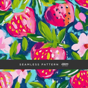 Strawberry Seamless Pattern, Preppy Strawberry Painterly Digital Paper with Pink Red Fruits and Florals, Summer Girly Fruit Surface Design