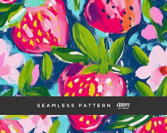 Strawberry Seamless Pattern, Preppy Strawberry Painterly Digital Paper with Pink Red Fruits and Florals, Summer Girly Fruit Surface Design