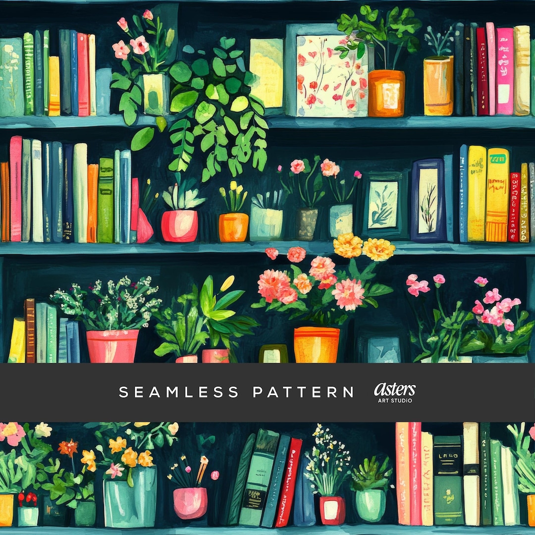 Bookshelf Seamless Pattern Book Flowers Digital Paper Book Lover ...