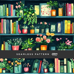 May include: A seamless pattern featuring a bookshelf filled with books and potted plants. The bookshelf is painted a deep teal blue and the books are a variety of colours. The plants are a mix of green and flowering plants, including pink, yellow, and white flowers. The pattern is perfect for adding a touch of nature to any space.