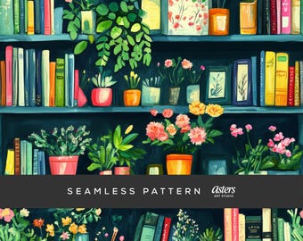 Bookshelf Seamless Pattern Book Flowers Digital Paper Book Lover Bookshelf Digital Paper Book Floral Seamless Pattern Library Background
