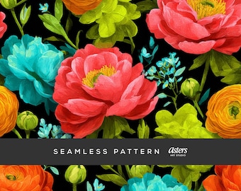 Naadloze ranonkelpatroon, schilderachtig bloemen digitaal papier, gedurfde donkere bloemen op de achtergrond, Maximalist Garden Repeat, kleurrijk oppervlakontwerp