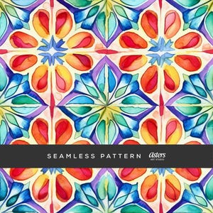 Talavera Seamless Pattern Digital Paper, Mexican Tile Watercolor Design, Vibrant Floral Repeat, Commercial Use Surface Design