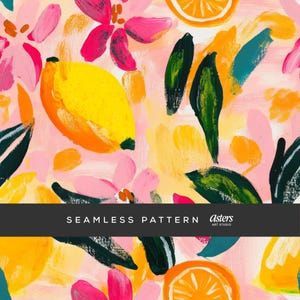 May include: Seamless pattern featuring a vibrant, abstract design with lemons, oranges, and pink flowers. The artwork includes green leaves and brushstrokes in shades of yellow, orange, pink, and teal. The text "SEAMLESS PATTERN" is displayed on a black banner.