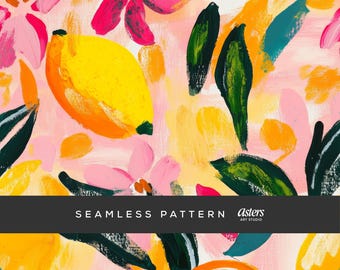 Preppy Lemon Seamless Pattern, Citrus Floral Digital Paper, Hand Painted Summer Fruits Background, Bright Citrus Lemons Repeating Background