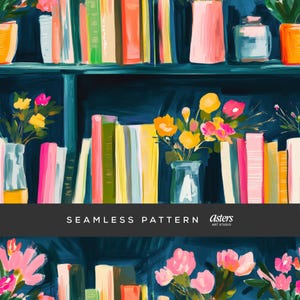 Bookish Seamless Pattern, Library Bookshelf Digital Paper, Book Lover Repeat Design, Cozy Reading Pattern, Pastel Book Stack Background