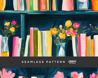 Patrón sin costuras de libros, papel digital de estantería de biblioteca, diseño repetido para amantes de los libros, patrón de lectura acogedor, fondo de pila de libros en tonos pastel