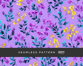 Motivo floreale senza soluzione di continuità con lavanda, carta digitale botanica viola, motivo di superficie con fiori selvatici primaverili, stampa di album Cottagecore