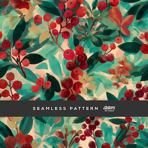 Könnte beinhalten: Nahtloses Muster mit roten Beeren, grünen Blättern und beigem und orangefarbenem Laub. Das Design hat einen Aquarelleffekt, mit dem Text "SEAMLESS PATTERN" in einem schwarzen Banner. Das Kunststudio ist "Asters Art Studio".