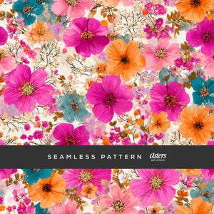 May include: A vibrant floral seamless pattern featuring large pink, orange, and teal flowers. The design includes smaller pink and yellow blossoms, all set against a cream-colored background. The text "SEAMLESS PATTERN" is displayed in a black banner.