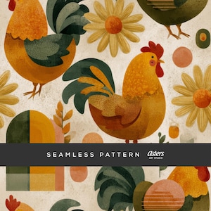 Modèle sans couture de poulet rétro, papier numérique coq de ferme des années 70, fond floral vintage, conception de surface rustique