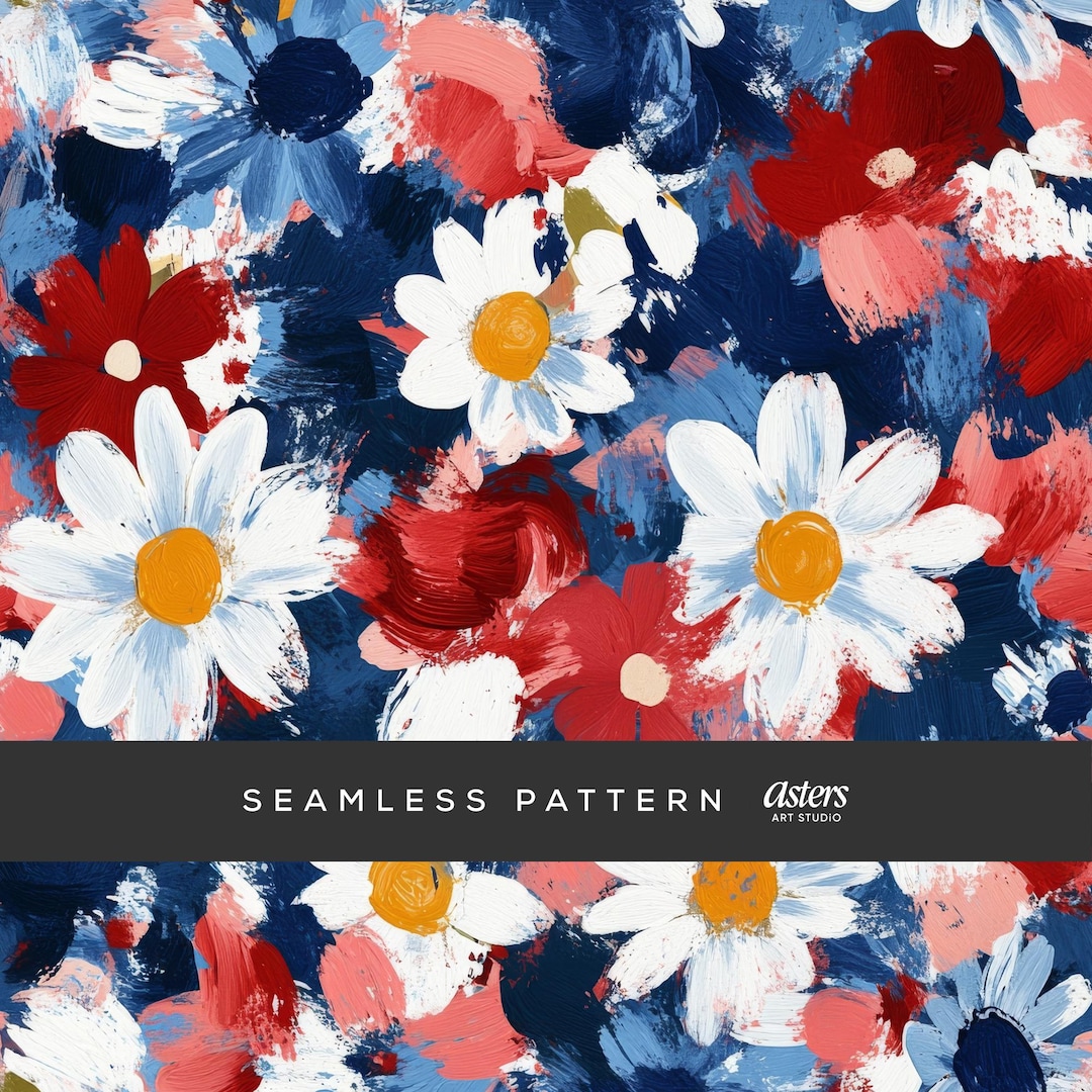 4th of July Daisy Seamless Pattern, Red White Blue Floral Digital Paper ...