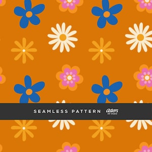 Papier numérique motif fleurs rétro des années 70, fond transparent marguerite bleu orange, conception de scrapbooking imprimable floral hippie groovy