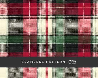 May include: Seamless plaid pattern in red, green, black, and cream. The design features a classic tartan arrangement with intersecting lines and blocks of color. The text "SEAMLESS PATTERN" is displayed on a black banner.