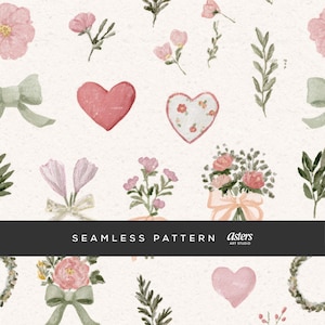 May include: Watercolor seamless pattern featuring pink flowers, hearts, bows, and greenery on a cream background. The design includes bouquets, floral sprigs, and the text "SEAMLESS PATTERN" with "Asters ART STUDIO" below.