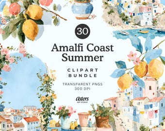 Amalfi Coast Clipart, Italian Summer PNG, Mediterranean Summer Illustrations, Limoncello La Dolce Vita PNG, Watercolor Lemons Summer Clipart