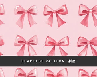 Coquette Pink Bow Seamless Pattern, Watercolor Ribbon Digital Paper, Pastel Pink Girly Background for Fabric, Sublimation, and Gift Wrapping