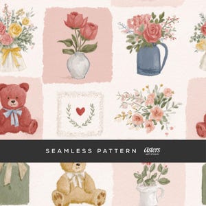 Op de afbeelding: Naadloos patroon met aquarel illustraties van teddyberen, rozenboeketten en bloemstukken in vazen. Het ontwerp bevat een hartvormig element en de tekst "SEAMLESS PATTERN" en "Asters ART STUDIO". Het kleurenpalet omvat roze, rood, geel en blauw.