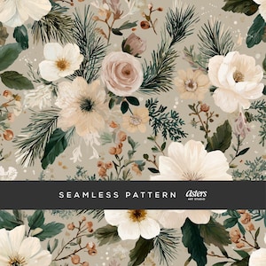 Peut inclure: Un motif floral sans couture avec des fleurs blanches, crème et pêche et un feuillage vert sur un fond neutre. Le motif comprend des roses, des anémones et d'autres éléments botaniques. Le texte indique "SEAMLESS PATTERN" et "Astres ART STUDIO".