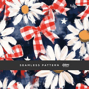 May include: Seamless pattern featuring white daisies with orange centers, red and white gingham bows, and white stars on a dark blue background. The text "SEAMLESS PATTERN" is displayed in white on a black banner.