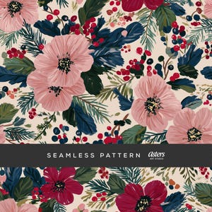 Könnte beinhalten: Nahtloses Blumenmuster mit rosa und burgunderfarbenen Blumen, dunkelblauen Blättern und roten Beeren auf cremefarbenem Hintergrund. Das Design enthält den Text "SEAMLESS PATTERN" und "Asters ART STUDIO". Geeignet für Stoff, Tapeten oder andere Anwendungen.