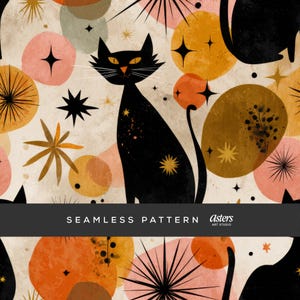 May include: Seamless pattern featuring a black cat with yellow eyes and star accents, set against a backdrop of orange, pink, and yellow abstract shapes. The design includes starburst and circular elements, with the text "SEAMLESS PATTERN" at the bottom.