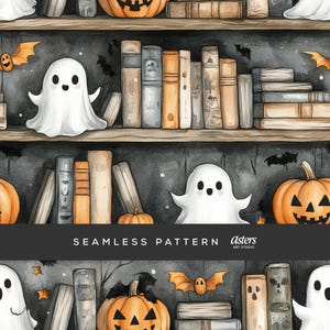 May include: Seamless pattern featuring a spooky Halloween theme. The design includes white ghosts, orange jack-o'-lanterns, bats, and stacks of old books. The text "SEAMLESS PATTERN" is displayed on a dark gray banner.