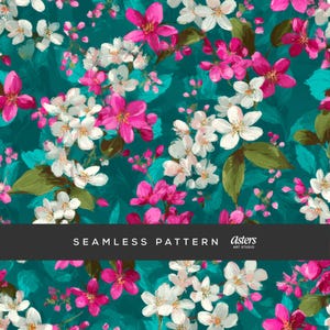 Peut inclure: Motif floral sans couture avec des fleurs roses et blanches, des feuilles vertes et des touches turquoise sur un fond bleu canard foncé. Le texte "SEAMLESS PATTERN" est en blanc sur une bande noire.