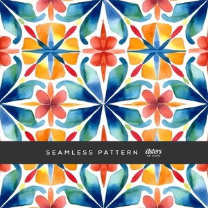 Pode incluir: Padrão aquarela contínuo com um design floral repetido em tons de azul, laranja, vermelho e verde sobre um fundo branco. O texto "SEAMLESS PATTERN" é exibido em uma faixa preta.