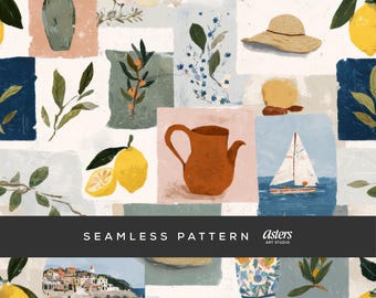 Amalfi Coast Seamless Pattern, Italian Summer Digital Paper,  Amalfi Patchwork Surface Design, Mediterranean La Dolce Vita Repeating Pattern