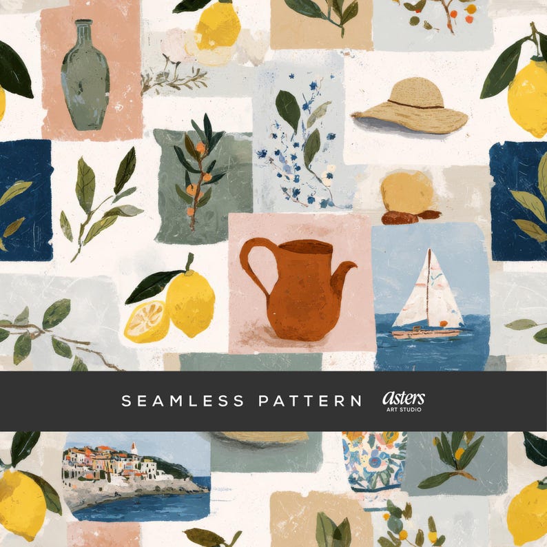 May include: Seamless pattern design featuring a collage of illustrations. The artwork includes lemons, a sailboat, a straw hat, a teapot, and a coastal town. The text "SEAMLESS PATTERN" is displayed across the bottom. The design is by Asters Art Studio.