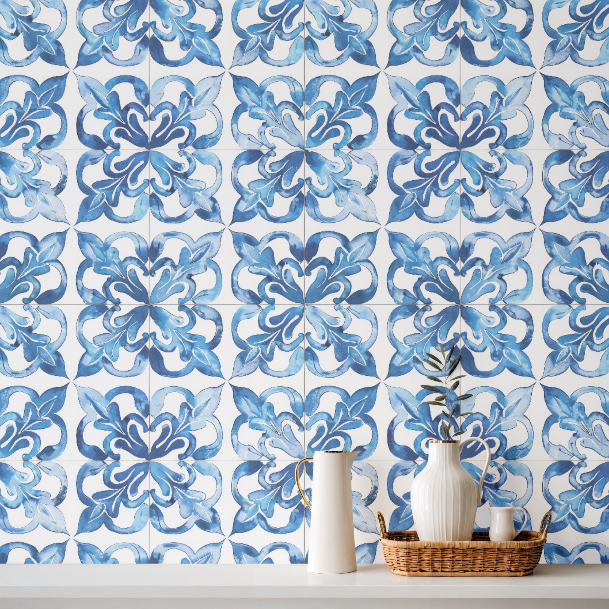 Mediterranean Blue Tile Seamless Pattern, Watercolor Azulejo Digital ...