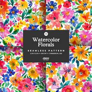Watercolor Floral Seamless Pattern Bundle, Bright Colorful Flower Digital Paper, Hand Painted Spring Floral Repeat Background Commercial Use