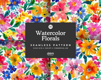 Pacote de padrões florais em aquarela sem costura, papel digital com flores coloridas e vibrantes, fundo floral de primavera pintado à mão para uso comercial.